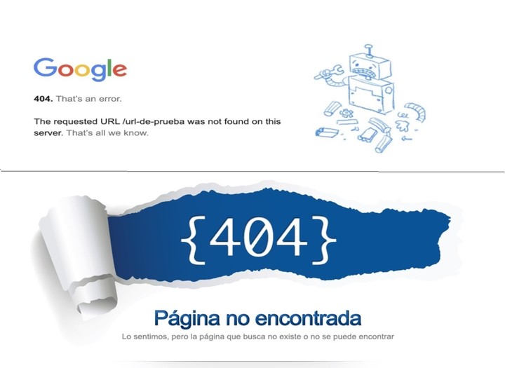 Varios formas de mostrar el Error 404, de página desconocida.