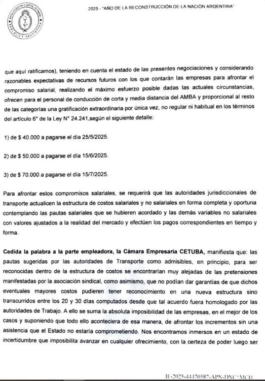 Documento resultante de la audiencia entre las cámaras empresariales de transporte y la UTA.