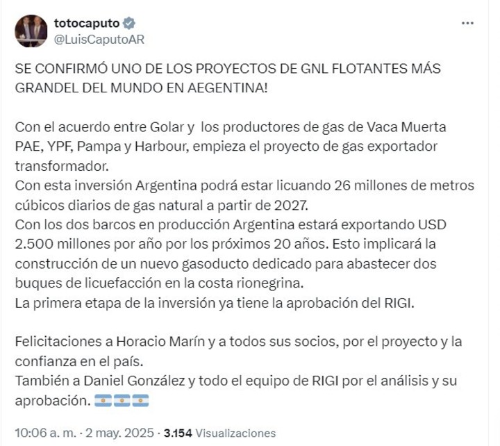 Tuit del ministro de Economía, Luis Caputo, celebrando el proyecto.