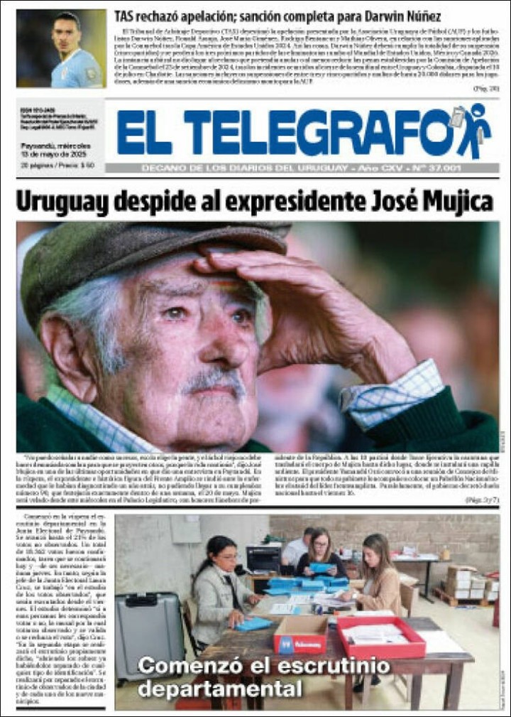 La tapa de "El Telégrafo" con un "Pepe" Mujica pensativo.