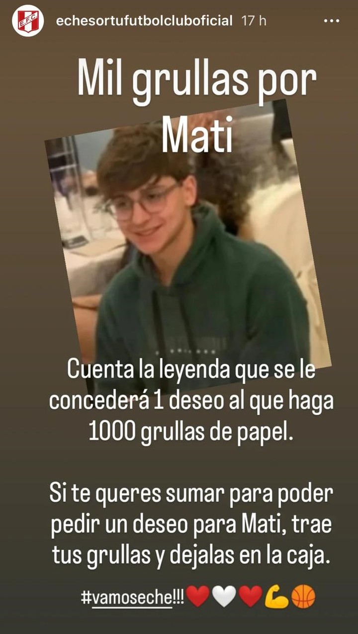 El club Echesortu está juntando grullas de papel como una muestra de afecto hacia Matías Bottoni.